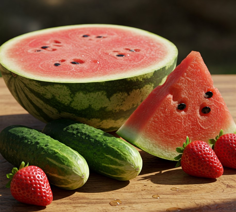 Hydrating foods like watermelon and cucumber Hydrating foods like watermelon and cucumber