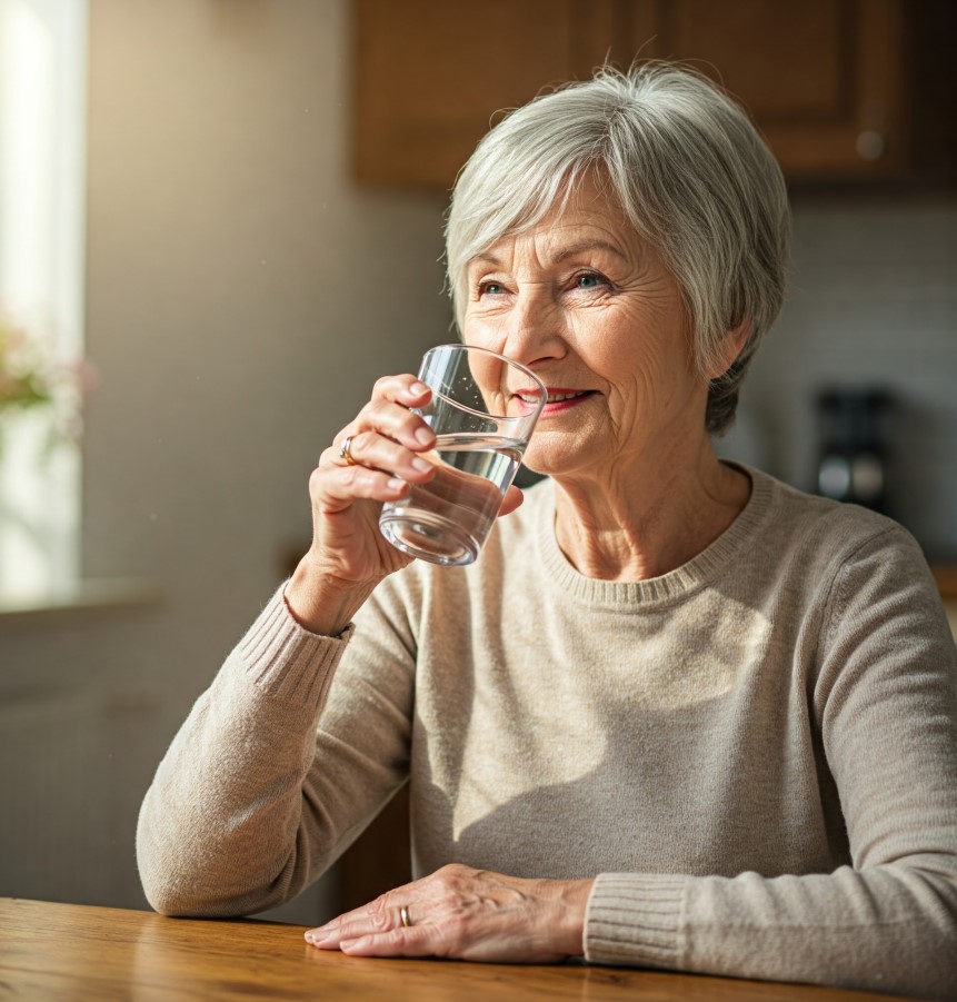 Senior woman drinking water to stay hydrated Senior woman drinking water to stay hydrated