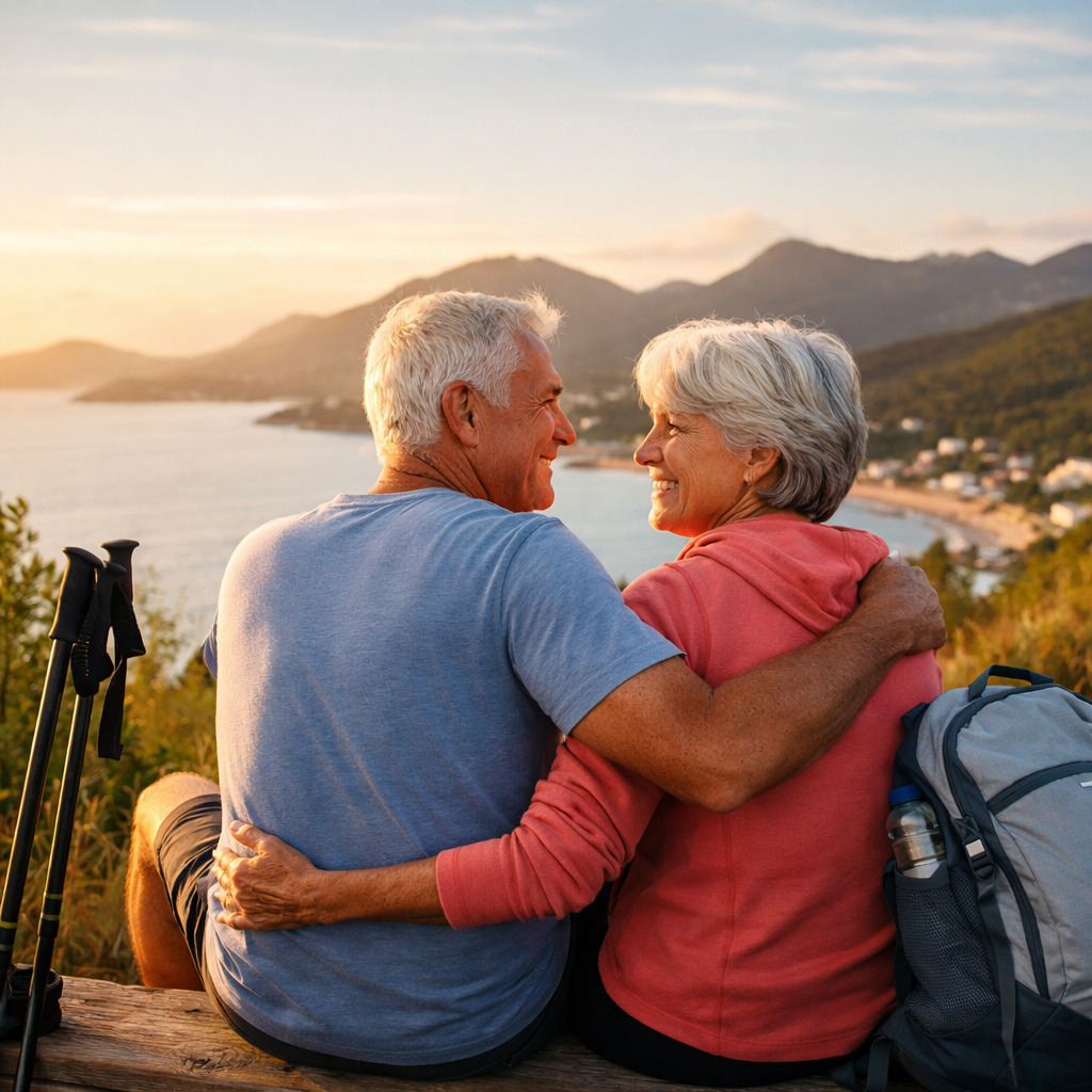 Happy senior couple enjoying life after 60, sitting outdoors at sunset and staying active together